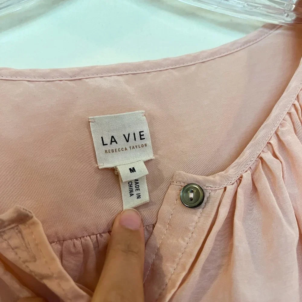 La Vie Rebecca Taylor Pink Silk Blend Balloon Sleeve Bow Button Down Blouse M - Picture 5 of 8